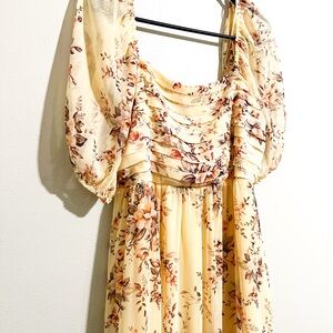 LC Lauren Conrad Yellow Floral Midi Dress with Puff Sleeves